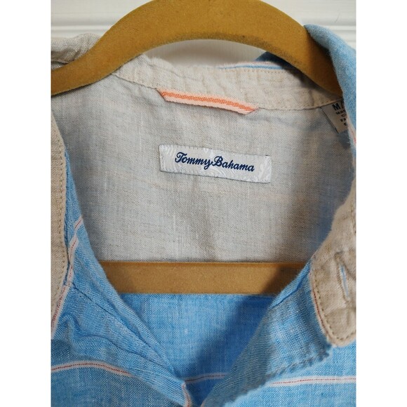 Tommy Bahama Mens Size Medium Shirt Short Sleeve Button Up Linen Blue Stripe - Picture 2 of 7